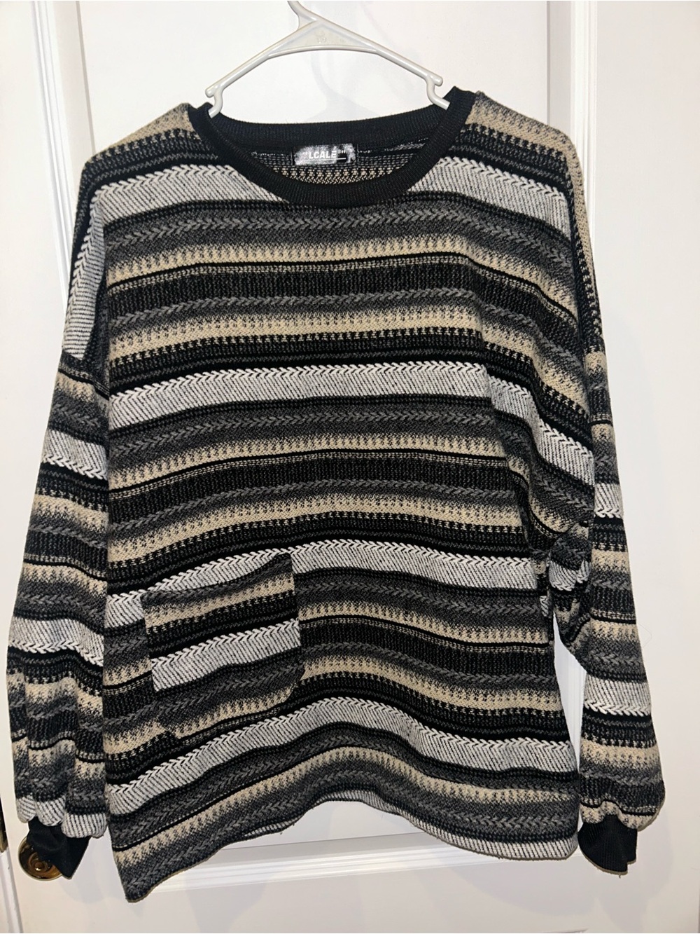 Unisex Black, Gray & Cream Striped Knit Sweater